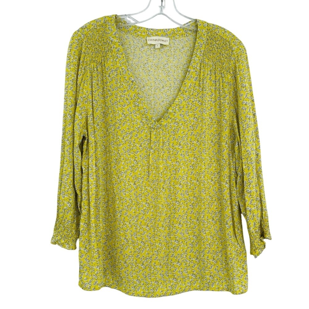 Cynthia Rowley Blouse Womens L Yellow Leaf Print Smocked V-Neck Long Sleeve
